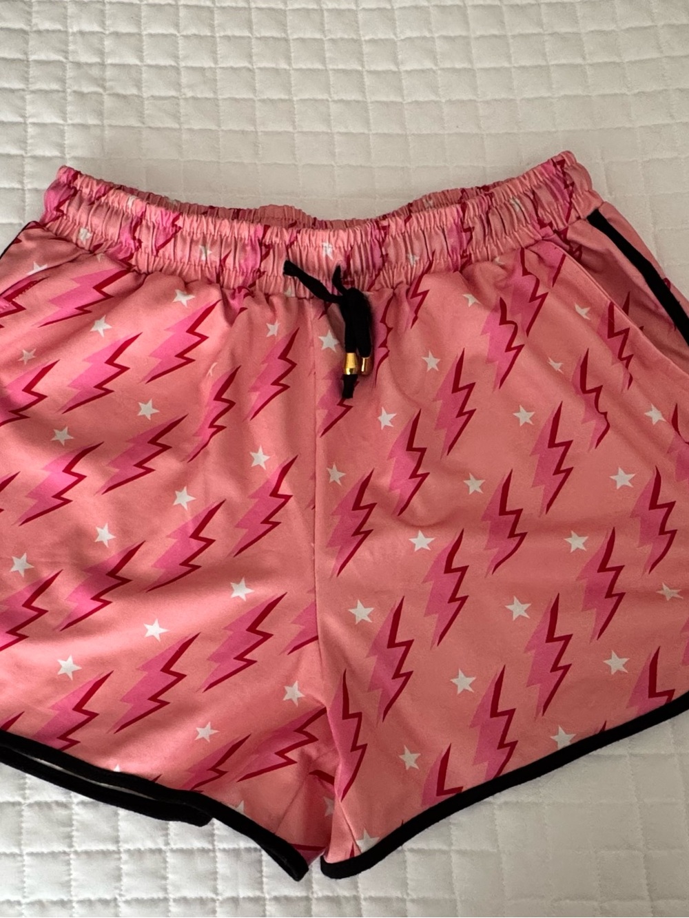 Women’s Pink Lightning Print Athletic Shorts with Black Trim
